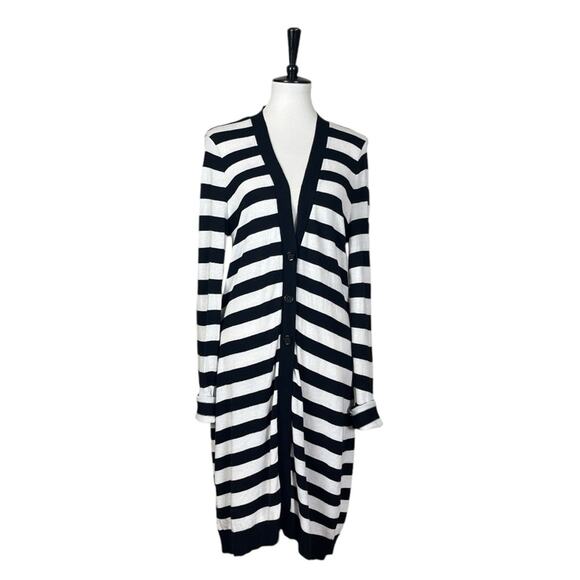 Soma Sweater Long Cardigan Button Front V-neck Black White Stripes Women’s Large - Picture 1 of 12